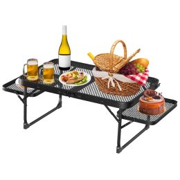 Foldable Camping Table Collapsible Picnic Aluminum Alloy Grill Stand 88LBS Max Load BBQ Table with 2 Side Trays